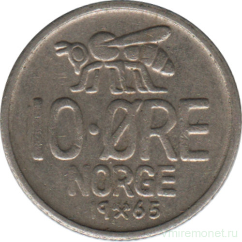 Монета. Норвегия. 10 эре 1965 год.