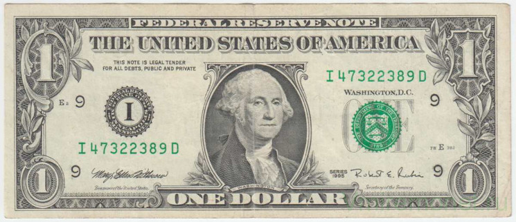 Банкнота. США. 1 доллар 1995 год. Серия I.
