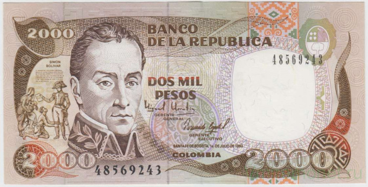 Банкнота. Колумбия. 2000 песо 1993 год. Тип 439а.