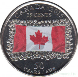 Монета. Канада. 25 центов 2015 год. 50 лет флагу Канады. Цветная эмаль.