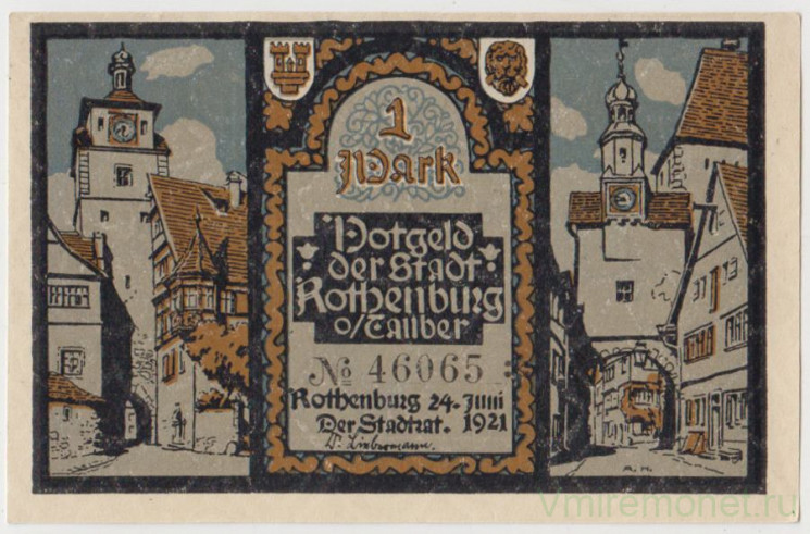 Бона. Нотгельд. Германия. Город Ротенбург об дер Таубер. 1 марка 1921 год. Вариант 1142.5.5.
