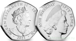 Монета. Великобритания. Остров Мэн. 50 пенсов 2021 год. 95 лет со дня рождения Королевы Елизаветы II. Бюст 1960 года. 