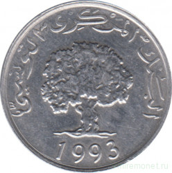 Монета. Тунис. 5 миллимов 1993 год.