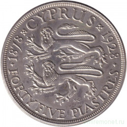 Монета. Кипр. 45 пиастров 1928 год. 50 лет английскому Кипру.