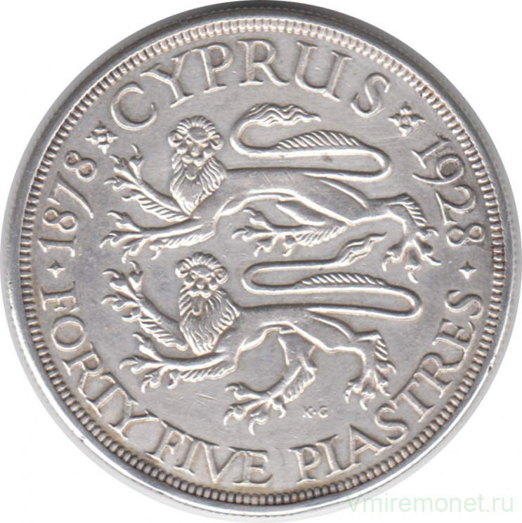 Монета. Кипр. 45 пиастров 1928 год. 50 лет английскому Кипру.