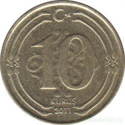 Монета. Турция. 10 курушей 2011 год.
