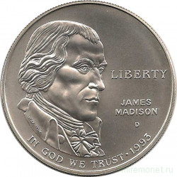 Монета. США. 1 доллар 1993 год (D). Джеймс Мэдисон, билль о правах.