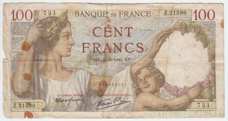 Банкнота. Франция. 100 франков 1941 год. 21.05.1941. Тип 94.