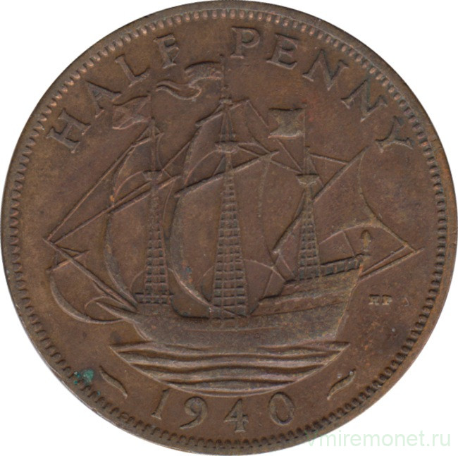 Монета. Великобритания. 1/2 пенни 1940 год.