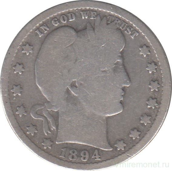 Монета. США. 25 центов 1894 год.