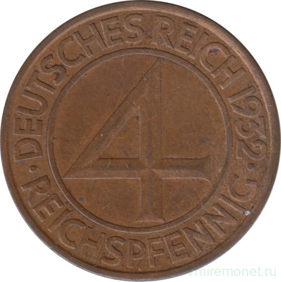 Монета. Германия. Веймарская республика. 4 рейхспфеннига 1932 год. Монетный двор - Берлин (А).