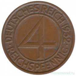 Монета. Германия. Веймарская республика. 4 рейхспфеннига 1932 год. Монетный двор - Берлин (А).