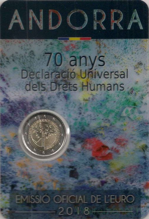 Монета. Андорра. 2 евро 2018 год. 70 лет Всеобщей декларации прав человека. Блистер, коинкарта.