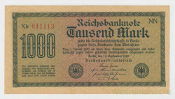 Банкнота. Германия. Веймарская республика. 1000 марок 1922 год. Жёлтая бумага. Водяной знак - шипы. Серийный номер - две буквы, шесть цифр (красные,крупные), две буквы.
