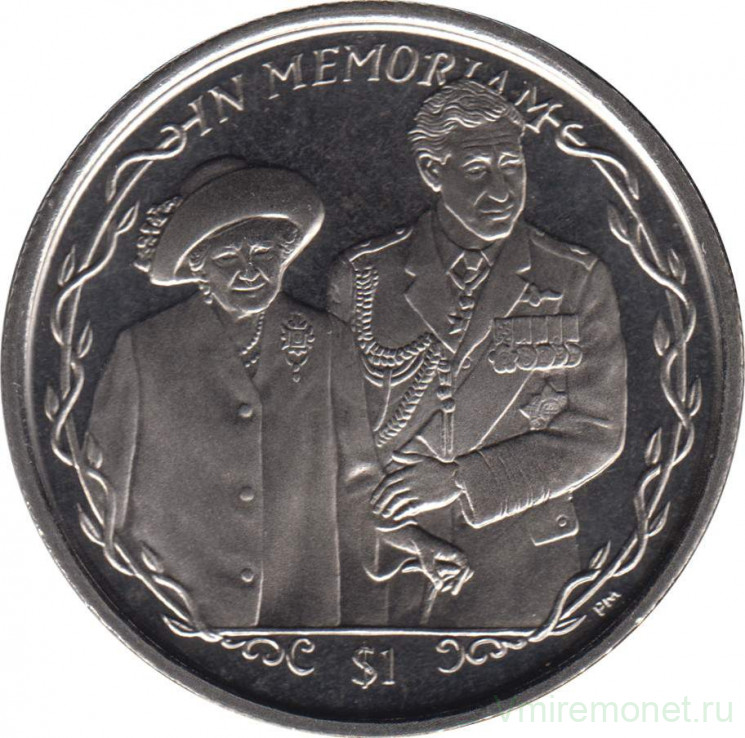 Монета. Британские Виргинские острова. 1 доллар 2002 год. Смерть Королевы-матери. Королева-мать и Принц Чарльз.