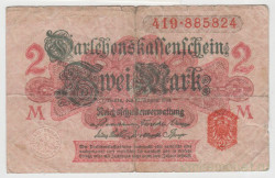Банкнота. Кредитный билет. Германия. Германская империя (1871-1918). 2 марки 1914 год. Красный номер. С фоновой сеткой. Серия от 1 до 120. Красный цвет.
