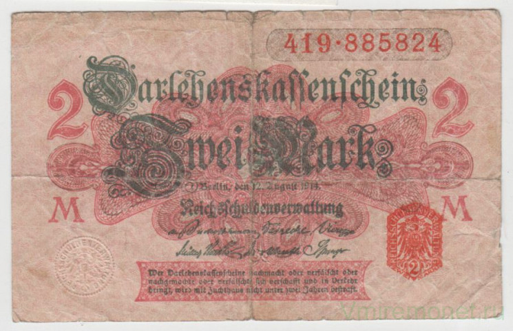 Банкнота. Кредитный билет. Германия. Германская империя (1871-1918). 2 марки 1914 год. Красный номер. С фоновой сеткой. Красный цвет.