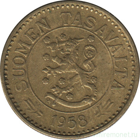 Монета. Финляндия. 10 марок 1958 год.