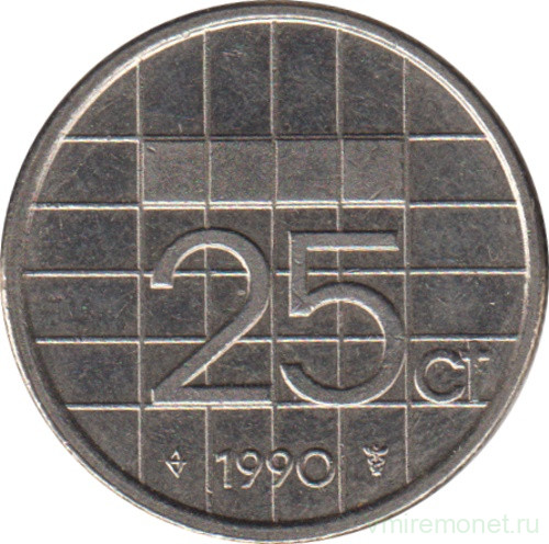 Монета. Нидерланды. 25 центов 1990 год.