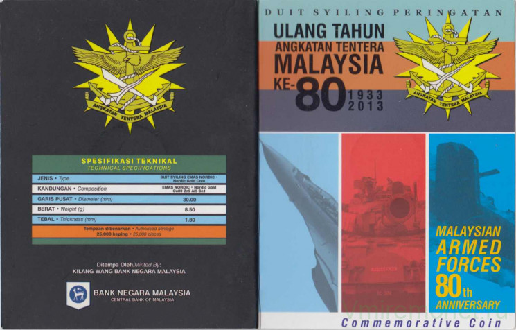 Монета. Малайзия. 1 ринггит 2013 год. 80 лет Вооружённым силам Малайзии. В блистере.