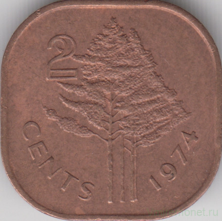 Монета. Свазиленд. 2 цента 1974 год.