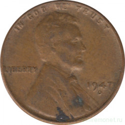 Монета. США. 1 цент 1947 год. Монетный двор D.
