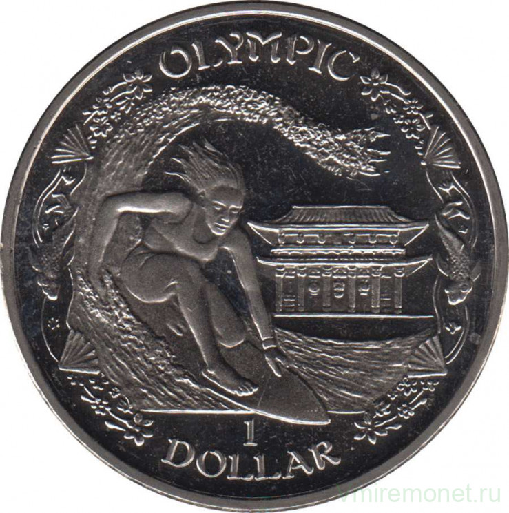 Монета. Великобритания. Британские Виргинские острова. 1 доллар 2019 год. XXXII летние Олимпийские игры - Токио 2020. Серфинг.