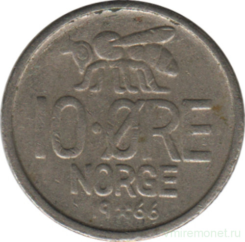 Монета. Норвегия. 10 эре 1966 год.