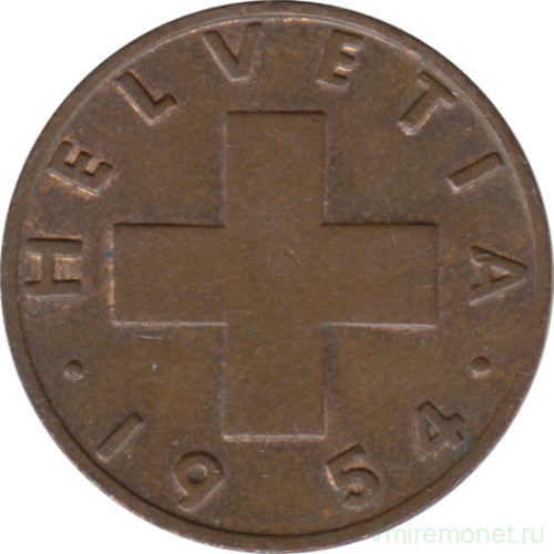 Монета. Швейцария. 2 раппена 1954 год. 
