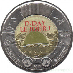 Монета. Канада. 2 доллара 2019 год. 75 лет Дню D. Цветная эмаль.
