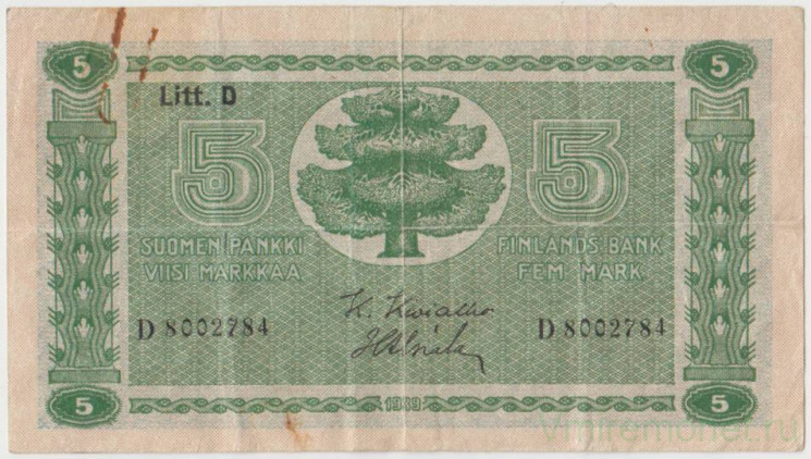 Банкнота. Финляндия. 5 марок 1939 год. Тип 69а(13).
