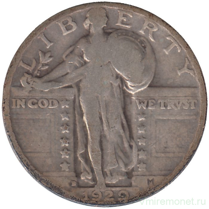 Монета. США. 25 центов 1929 год. Монетный двор D.