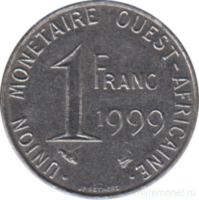 Монета. Западноафриканский экономический и валютный союз (ВСЕАО). 1 франк 1999 год.