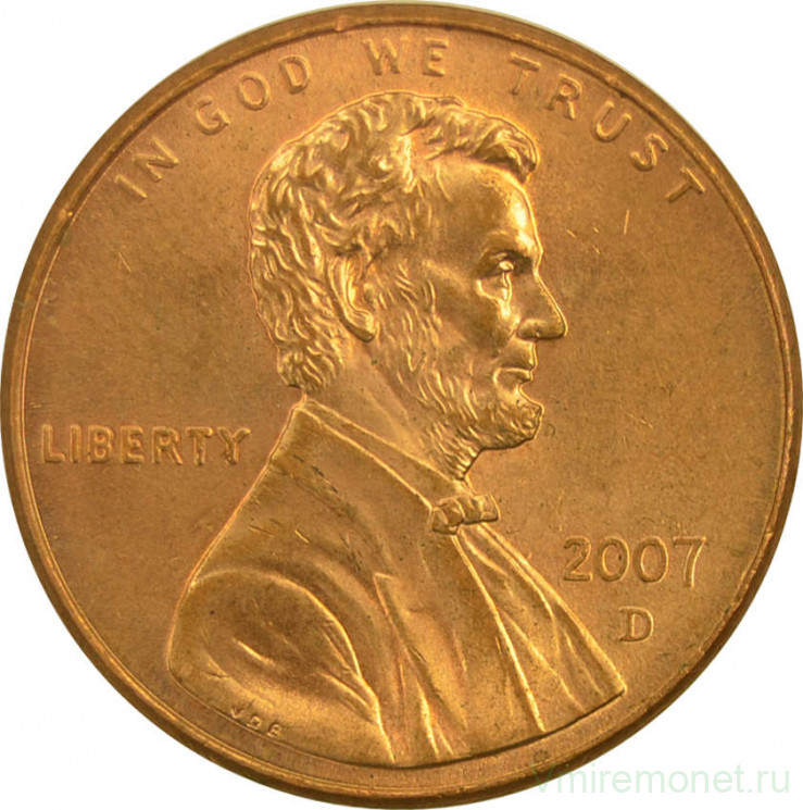 Монета. США. 1 цент 2007 год. Монетный двор D.