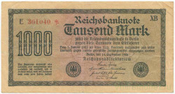 Банкнота. Германия. Веймарская республика. 1000 марок 1922 год. Жёлтая бумага. Водяной знак - шипы. Серийный номер - буква, звёздочка, шесть цифр (красные,крупные), две буквы. Тип 76d.
