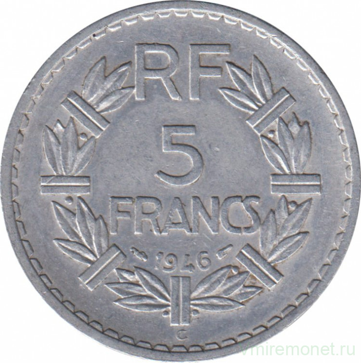 Монета. Франция. 5 франков 1946 год. Монетный двор - Кастельсарразен (C).