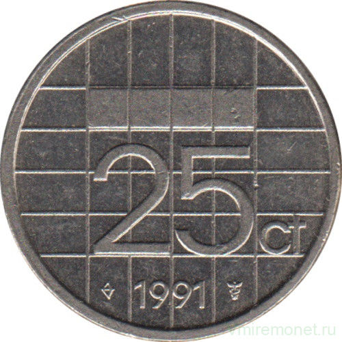Монета. Нидерланды. 25 центов 1991 год.