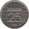 Монета. Нидерланды. 25 центов 1991 год. ав.