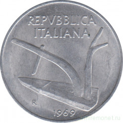 Монета. Италия. 10 лир 1969 год.