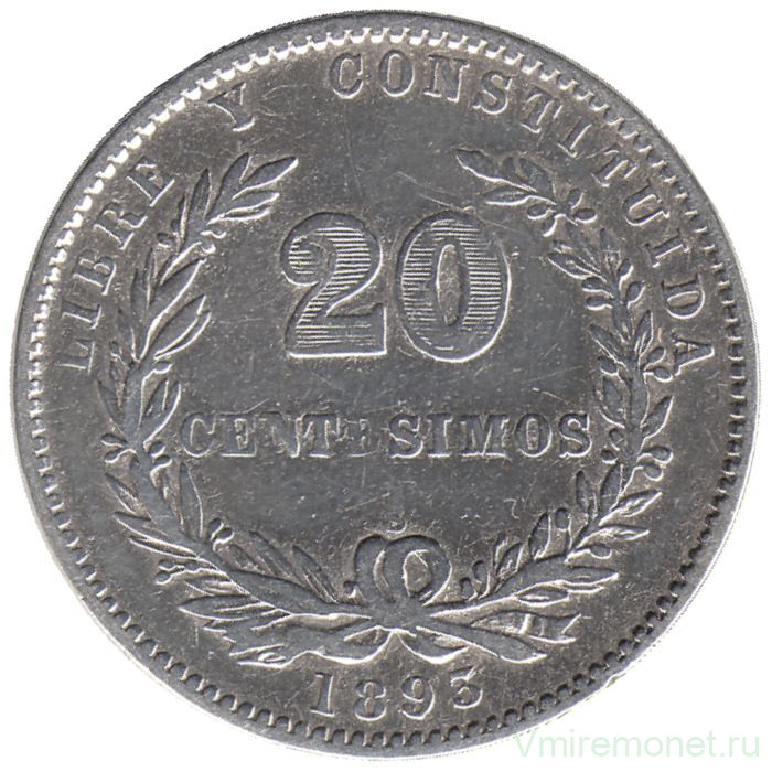 Монета. Уругвай. 20 сентесимо 1893 год. 