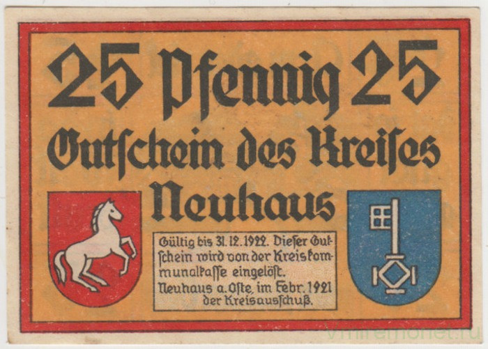 Бона. Нотгельд. Германия. Округ Нойхауз на Осте. 25 пфеннигов 1921 год. Вариант 947.1.2.