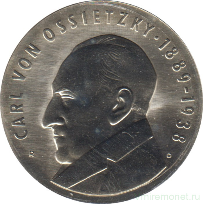 Монета. ГДР. 5 марок 1989 год. 100 лет со дня рождения Карла фон Осецкого.