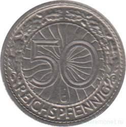 Монета. Германия. Веймарская республика. 50 рейхспфеннигов 1928 год. Монетный двор - Карлсруэ (G).