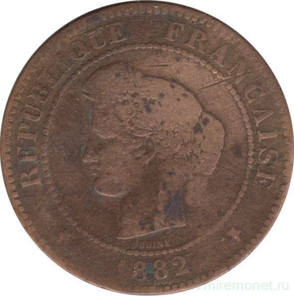Монета. Франция. 5 сантимов 1882 год. А.
