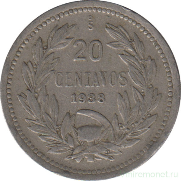 Монета. Чили. 20 сентаво 1938 год.
