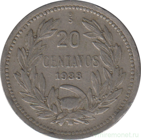 Монета. Чили. 20 сентаво 1938 год.