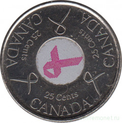 Монета. Канада. 25 центов 2006 год. Розовая ленточка - борьба с раком молочной железы.