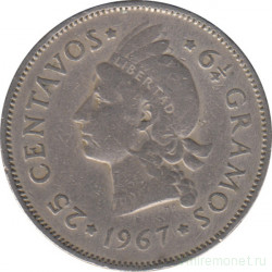 Монета. Доминиканская республика. 25 сентаво 1967 год.