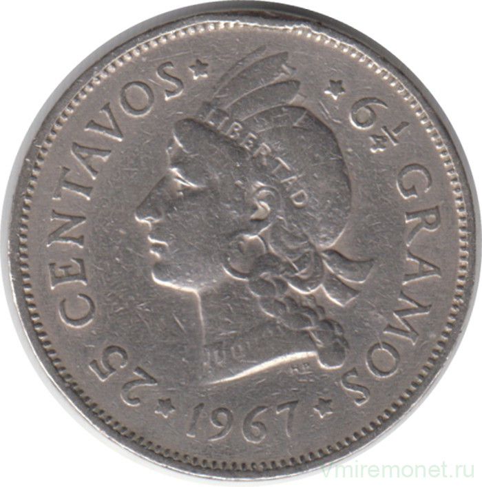 Монета. Доминиканская республика. 25 сентаво 1967 год.