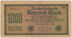 Банкнота. Германия. Веймарская республика. 1000 марок 1922 год. Жёлтая бумага. Водяной знак - шипы. Серийный номер - буква, шесть цифр (красные,мелкие), две буквы.